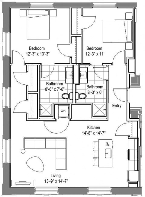 Floor plan for 2 beds, 2 baths, 1067 sqft